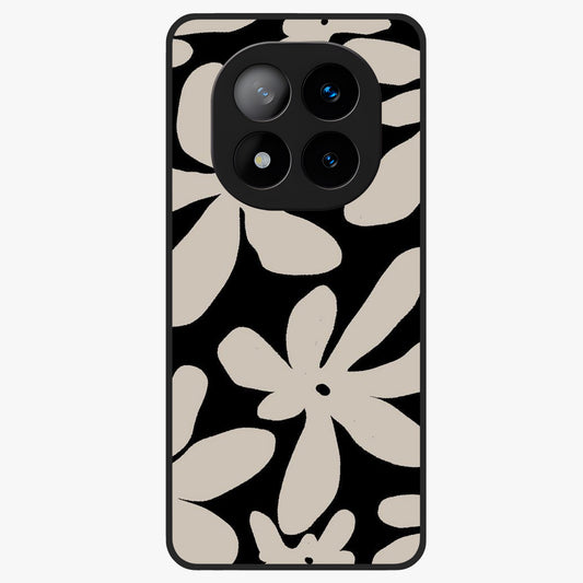 Monochrome Petal Dance Glass Case showing flat back view with monochrome floral artwork and glossy glass finish.