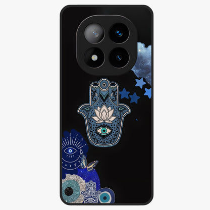 Mystic Hand Aura Glass Case showing flat back view with mystical hand symbol artwork and glossy glass finish.
