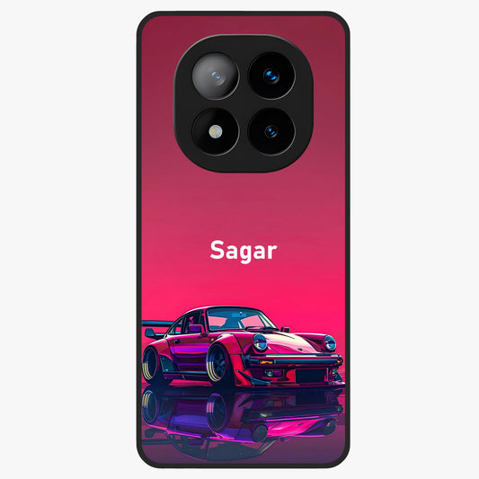 Neon Pink Porsche Glass Case showing flat back view with stylish sports car artwork and glossy glass finish.