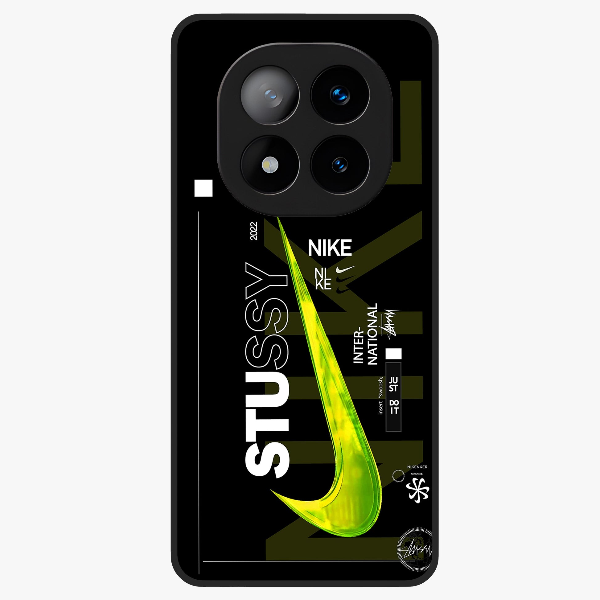 Neon Street Edition Glass Case showing flat back view with neon street style artwork and glossy glass finish.