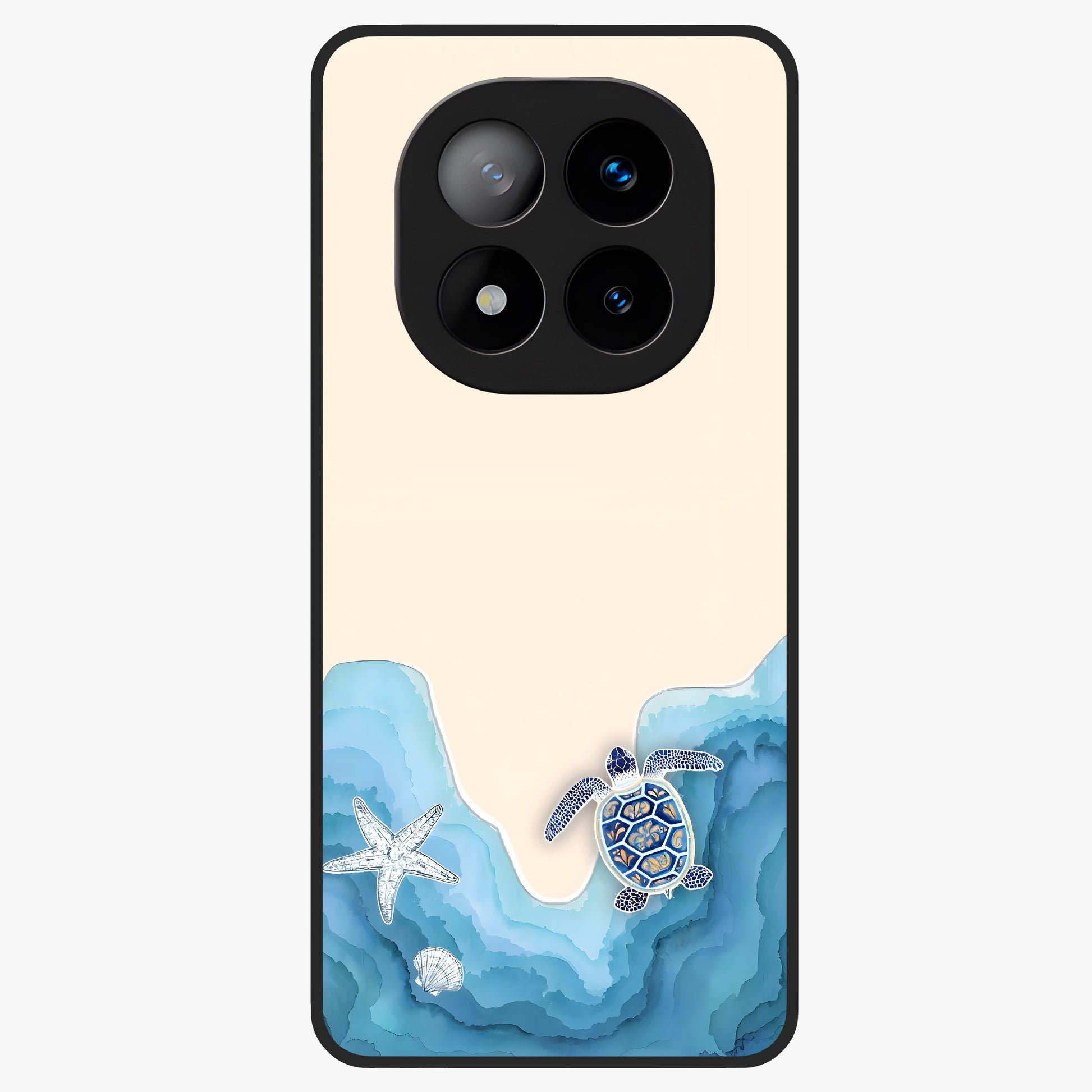 Ocean Drift Turtle Glass Case showing flat back view with sea turtle artwork and glossy glass finish.