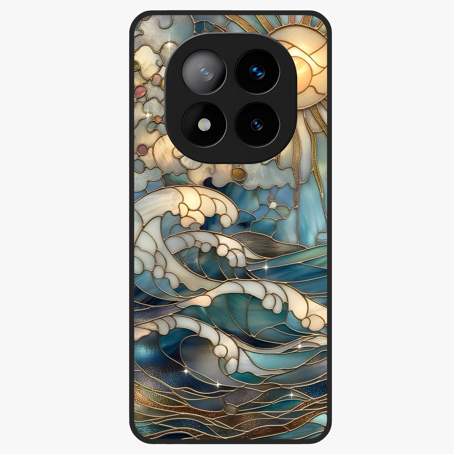 Oceanic Stained Printed Glass Case showing flat back view with ocean inspired stained pattern artwork and glossy glass finish.