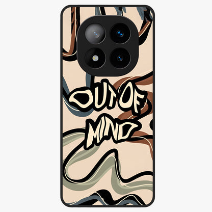 Out Of Mind Glass Case showing flat back view with expressive typography artwork and glossy glass finish.