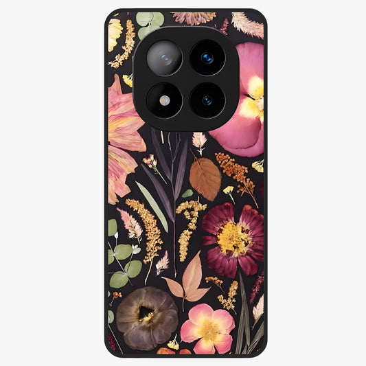 Petal Dream Tapestry Glass Case showing flat back view with intricate floral tapestry artwork and glossy glass finish.