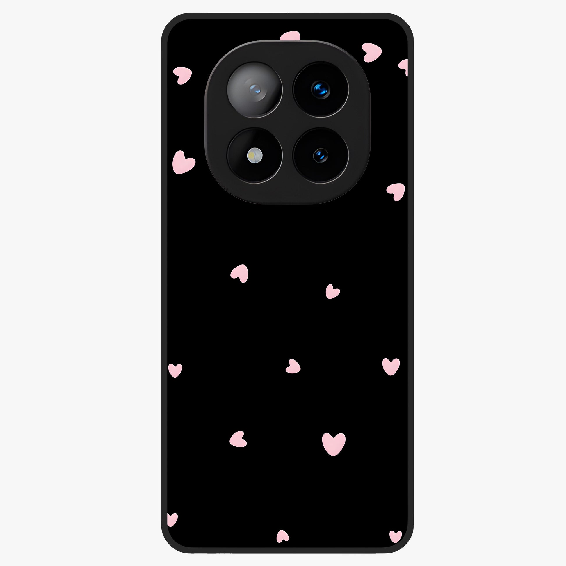 Pink Love Drops Glass Case showing flat back view with playful pink heart drops artwork and glossy glass finish.