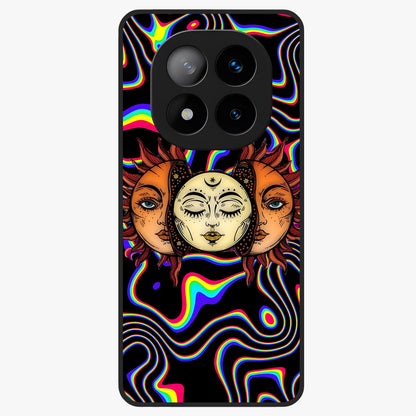Psychedelic Sun Glass Case showing flat back view with colorful psychedelic sun artwork and glossy glass finish.