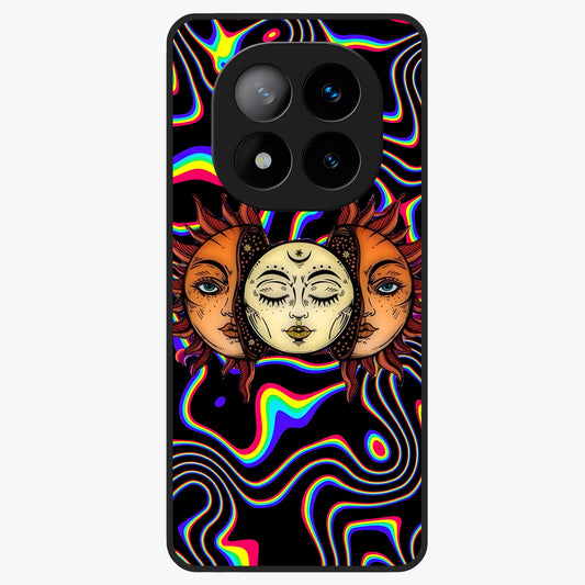Psychedelic Sun Glass Case showing flat back view with colorful psychedelic sun artwork and glossy glass finish.