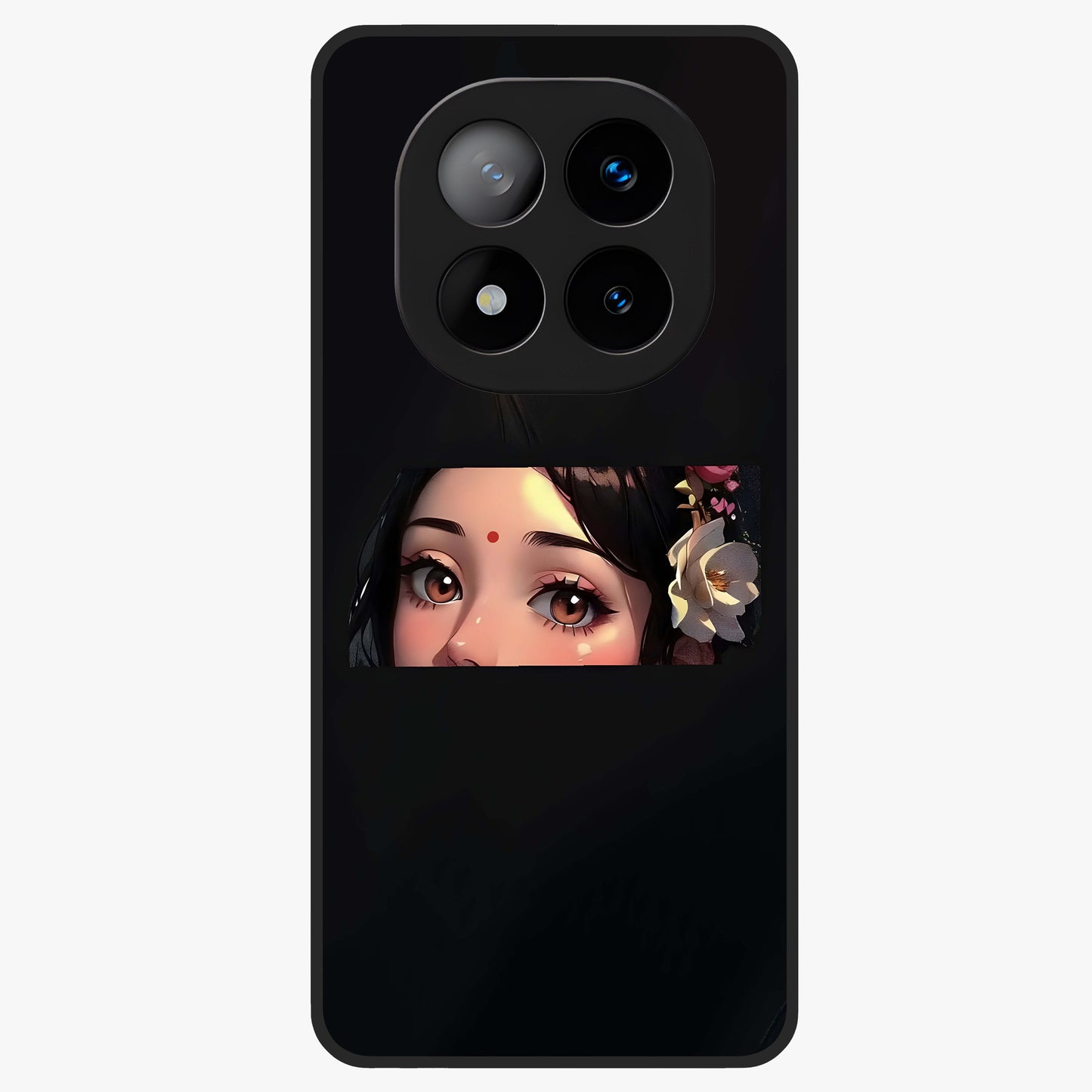 Radha Divine Embrace Glass Case showing flat back view with devotional Radha artwork and glossy glass finish.