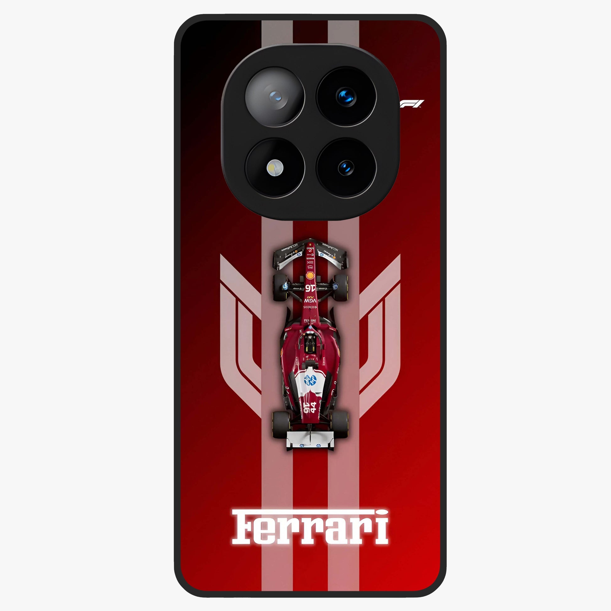 Red Ferrari F1 Vertical Glass Case showing flat back view with sleek Formula racing car artwork and glossy glass finish.