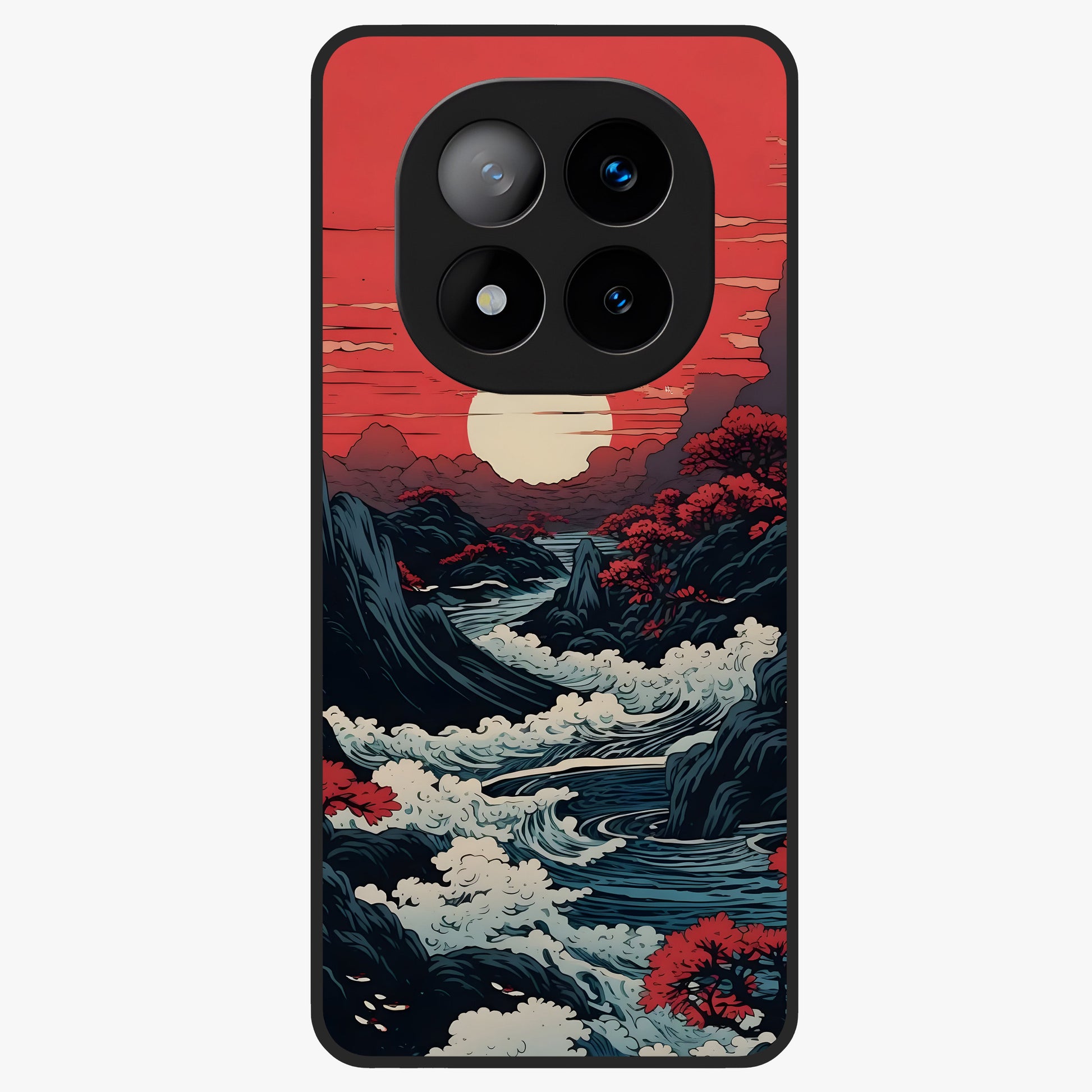 Red Sunset Scenery Glass Case showing flat back view with vibrant sunset landscape artwork and glossy glass finish.