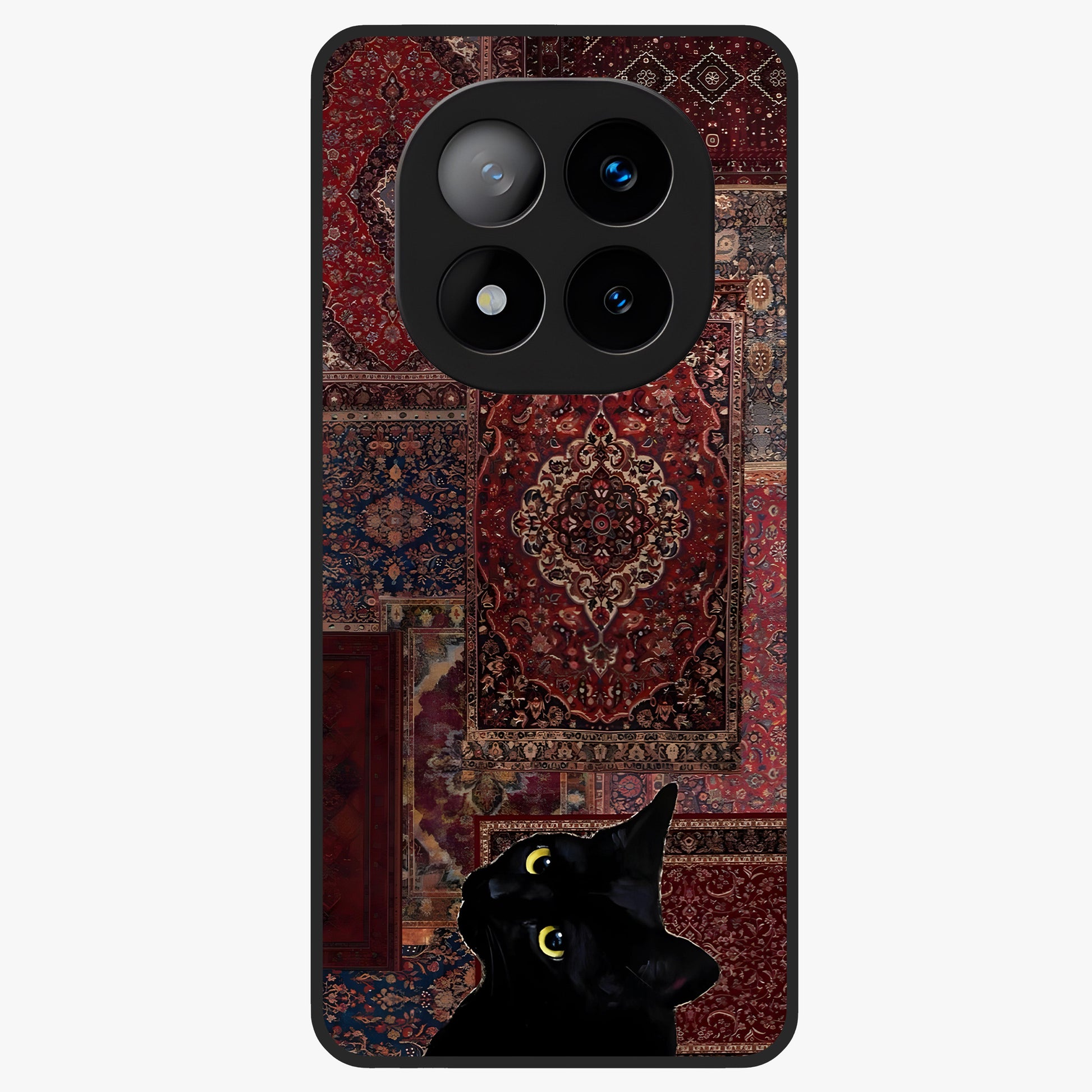 Regal Magic Cat Apple Glass Case showing flat back view with magical cat artwork holding apple and glossy glass finish.