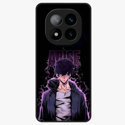 Shadow Monarch Awakening Glass Case showing flat back view with powerful dark monarch themed artwork and glossy glass finish.