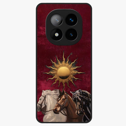 Solar Riders Glass Case showing flat back view with dynamic rider themed artwork and glossy glass finish.
