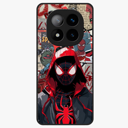 Spider Collage Street Glass Case showing flat back view with vibrant superhero collage artwork and glossy glass finish.