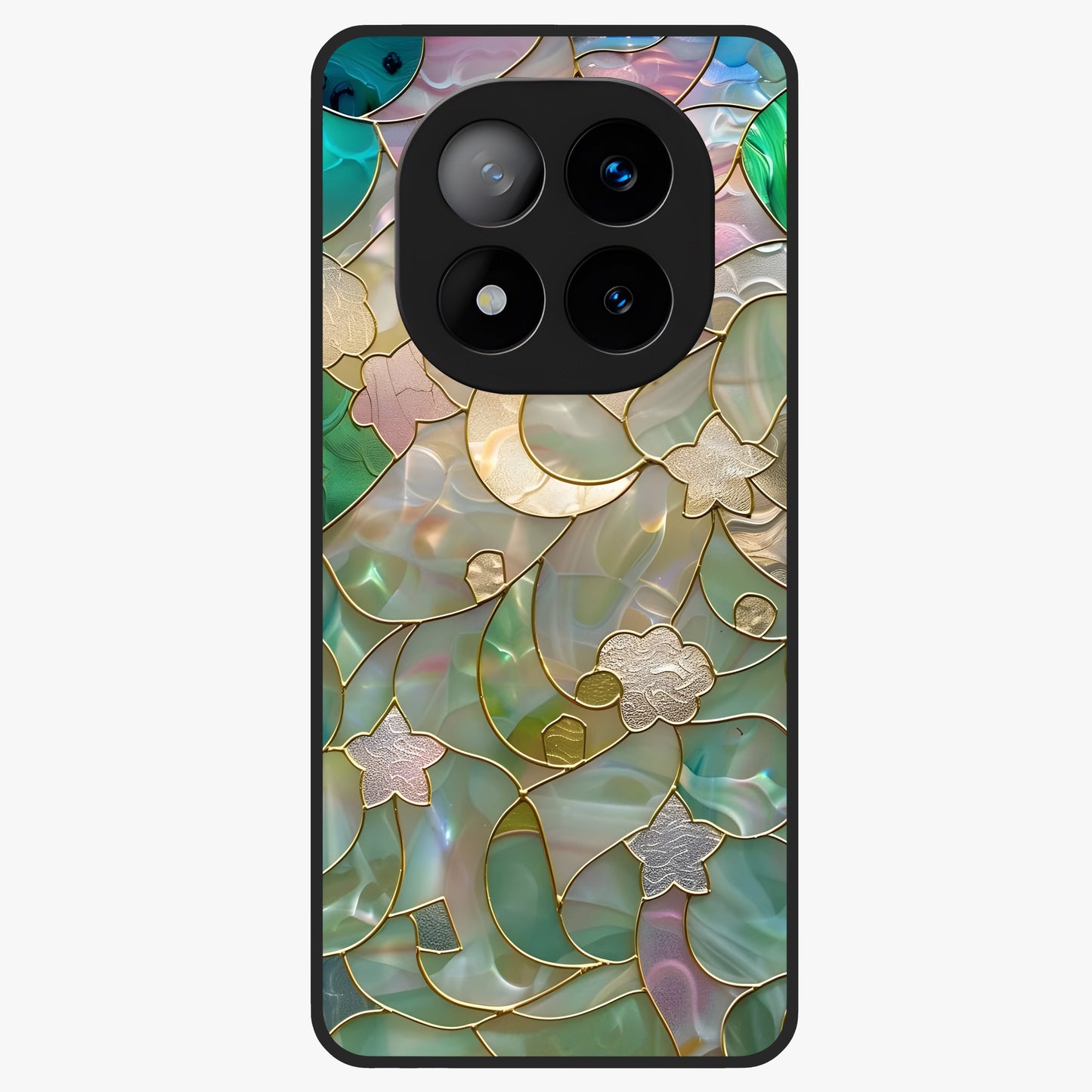 Stained Sunrise Glow Glass Case showing flat back view with glowing sunrise stained pattern artwork and glossy glass finish.