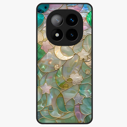 Stained Sunrise Glow Glass Case showing flat back view with glowing sunrise stained pattern artwork and glossy glass finish.