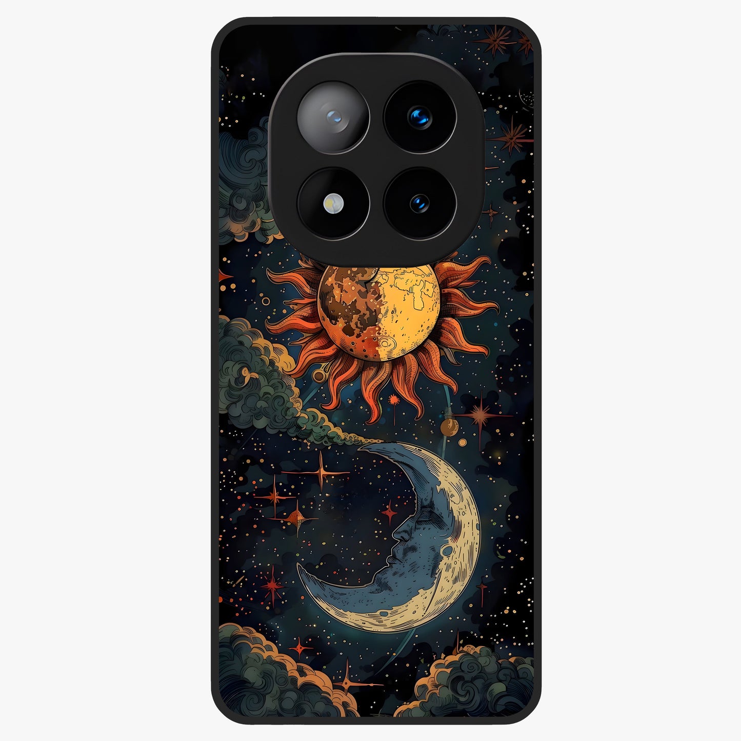 Sun And Moon Magic Design Glass Case showing flat back view with mystical sun and moon artwork and glossy glass finish.