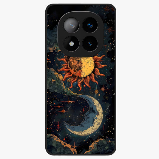Sun And Moon Magic Design Glass Case showing flat back view with mystical sun and moon artwork and glossy glass finish.