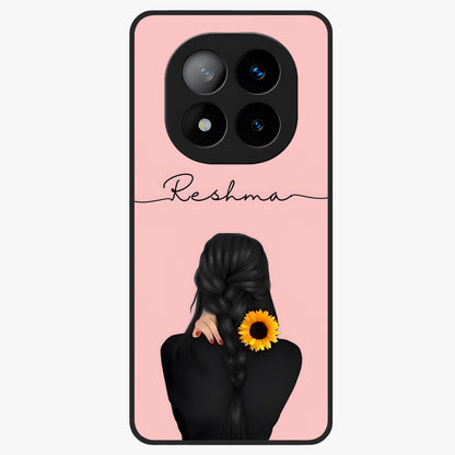 Sunflower Braid Beauty With Custom Name Glass Case showing flat back view with sunflower braid artwork and personalized name design.
