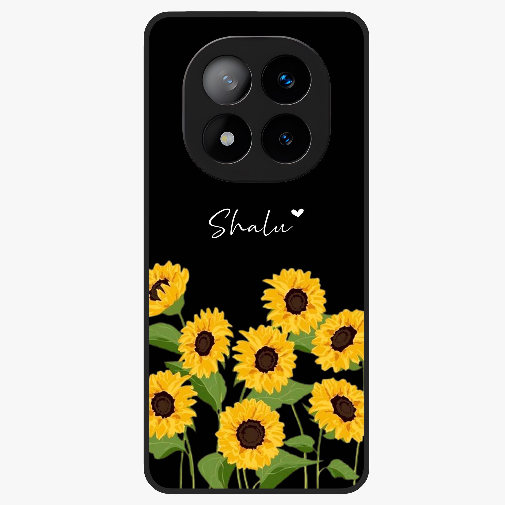 Sunflower Chic Mood Custom Name Glass Case showing flat back view with stylish sunflower artwork and personalized name design.