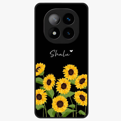 Sunflower Chic Mood Custom Name Glass Case showing flat back view with stylish sunflower artwork and personalized name design.