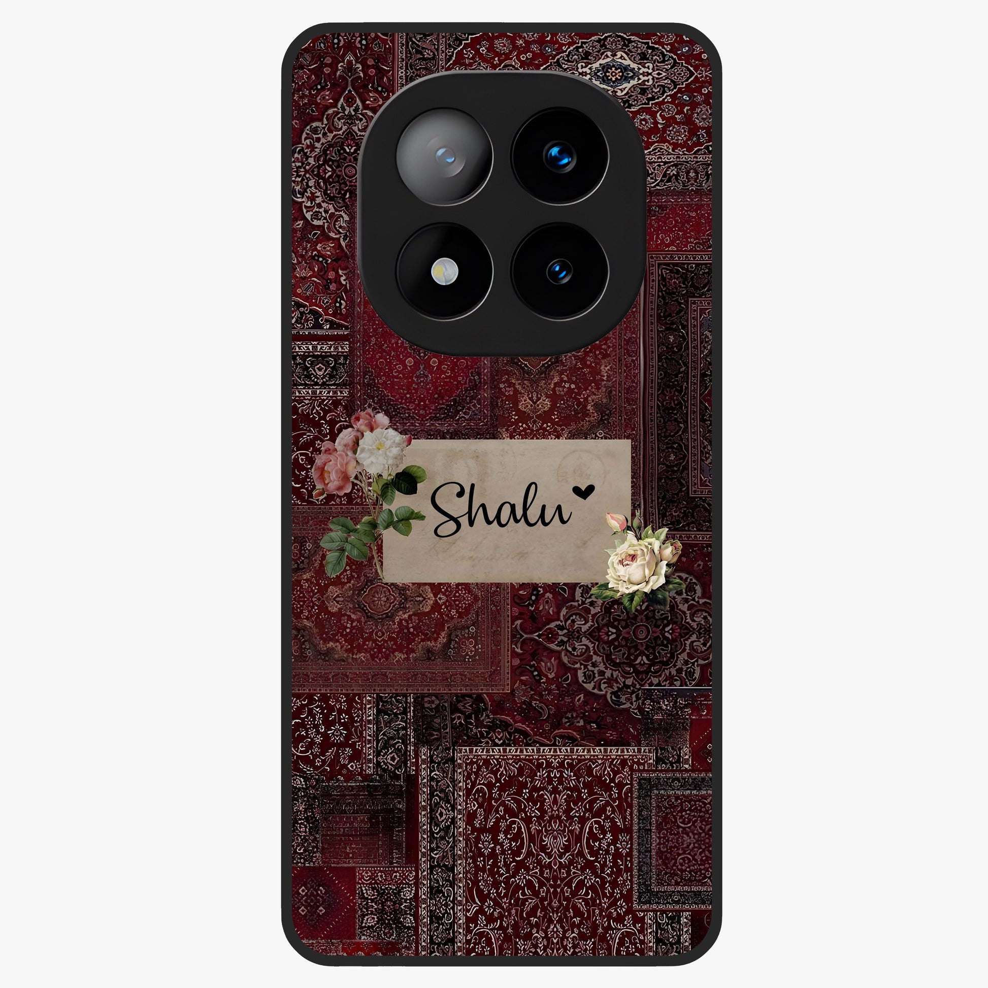 Velvet Wine Pattern Custom Name Glass Case showing flat back view with elegant wine colored pattern artwork and personalized name design.