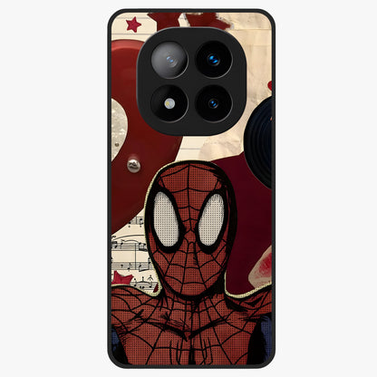 Web Warrior Vibes Glass Case showing flat back view with superhero inspired web themed artwork and glossy glass finish.