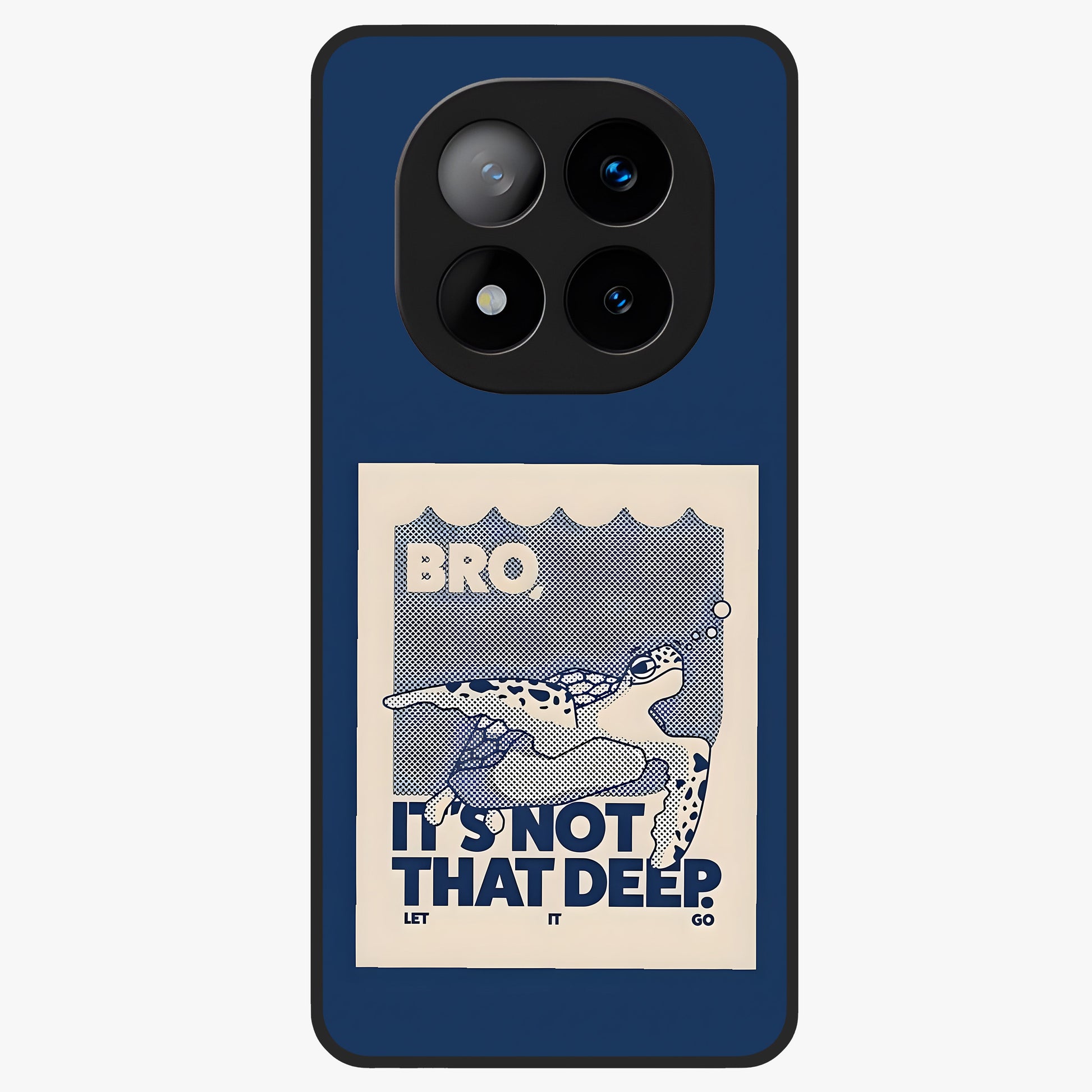 Worry Less Swim Glass Case showing flat back view with playful motivational artwork and glossy glass finish.