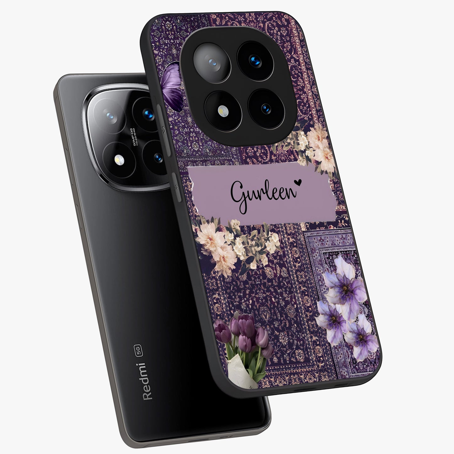 Antique Floral Whisper Custom Name Glass Case displayed in angled mockup highlighting elegant antique floral aesthetic.