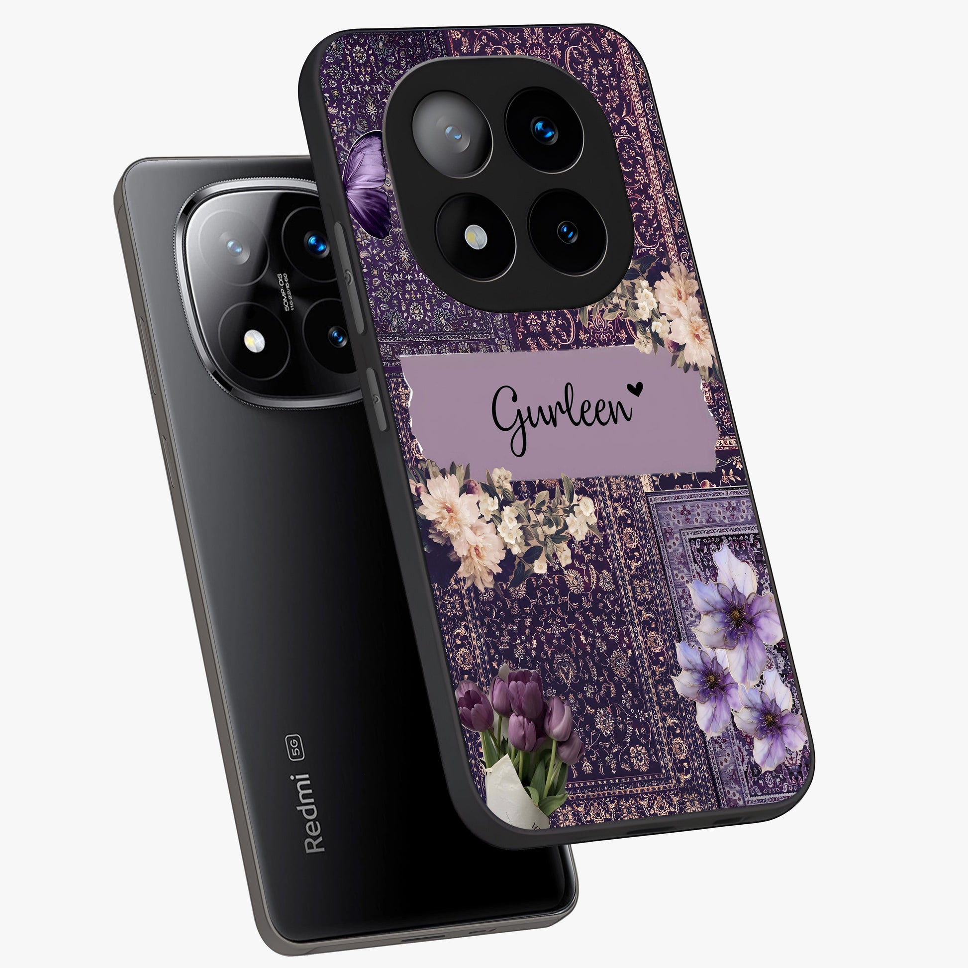 Antique Floral Whisper Custom Name Glass Case displayed in angled mockup highlighting elegant antique floral aesthetic.