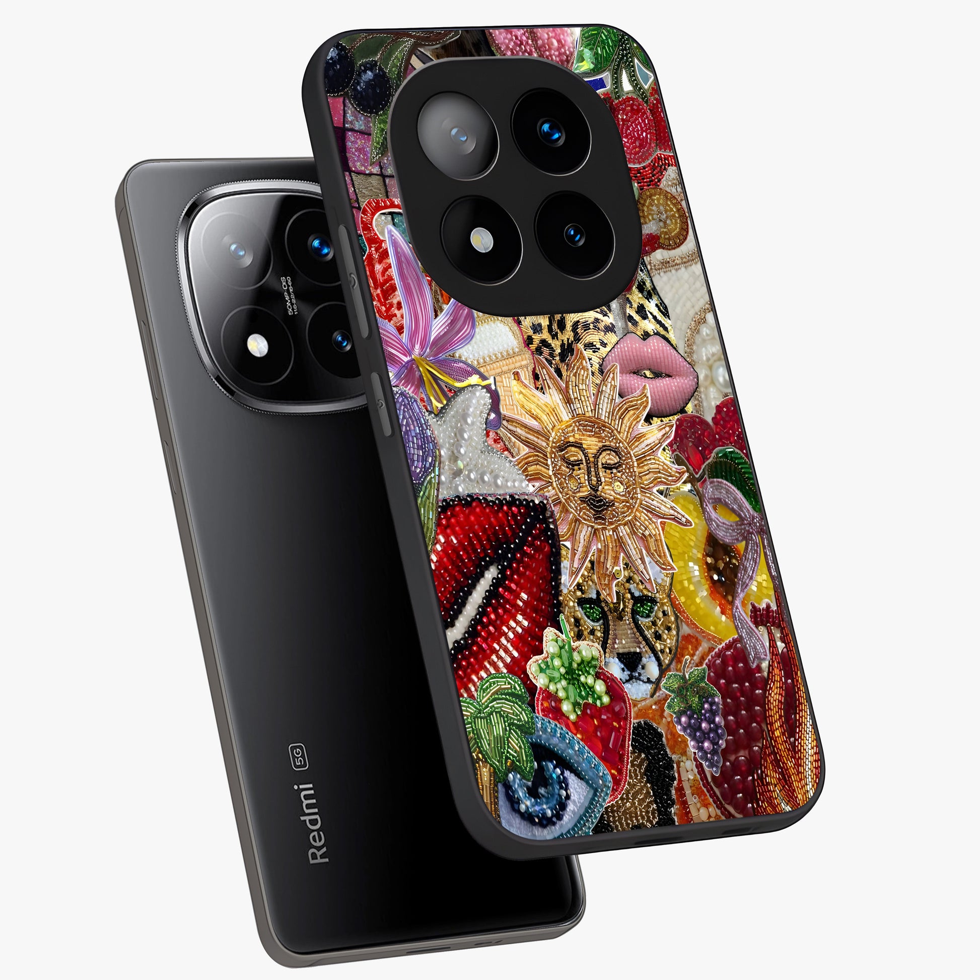 Beaded Fashion Jungle Glass Case displayed in angled mockup highlighting colorful fashion bead design and artistic pattern.