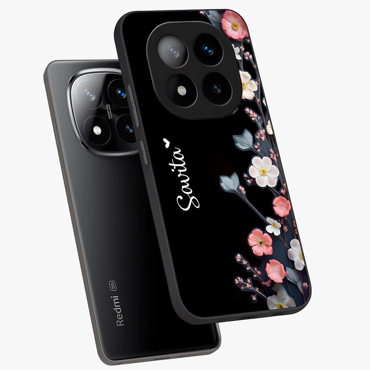 Black Elegance Floral Custom Name Glass Case displayed in angled mockup highlighting dark floral aesthetic and custom name feature.