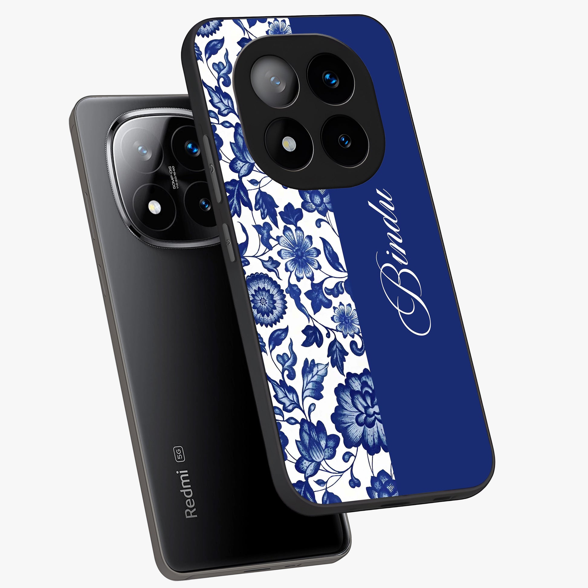 Blue Vintage Floral Pattern Glass Case displayed in angled mockup highlighting subtle bloom pattern with aesthetic pastel design.