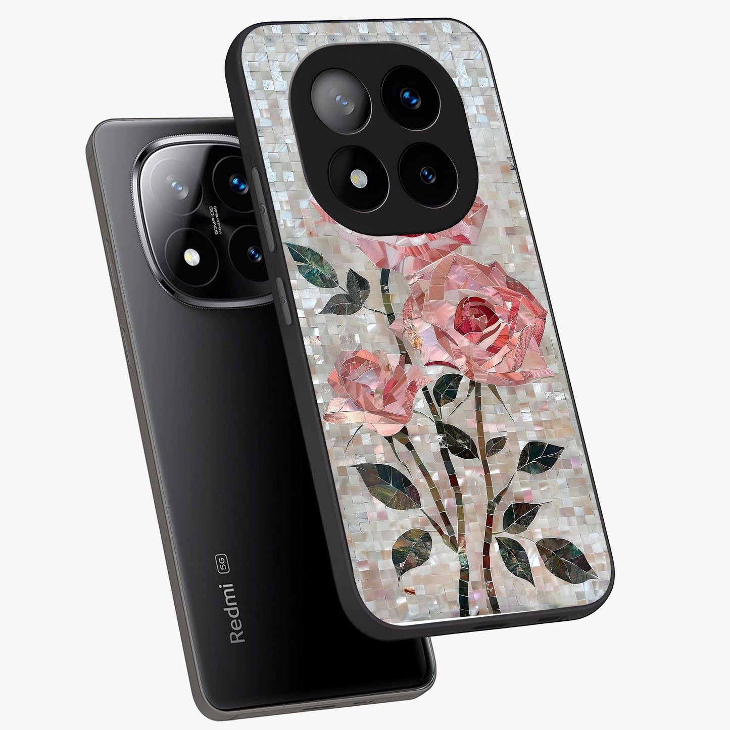 Blush Mosaic Bloom Glass Case displayed in angled mockup highlighting artistic mosaic flower pattern with aesthetic design.