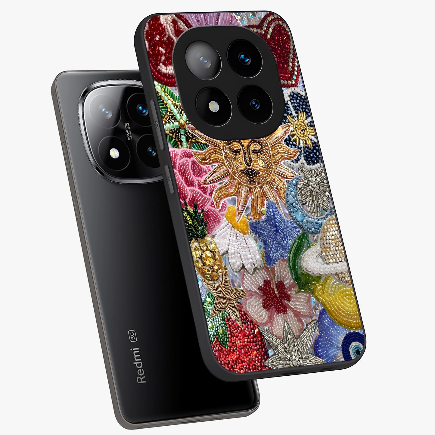 Celestial Floral and Playful Glass Case displayed in angled mockup highlighting playful floral design with dreamy celestial elements.