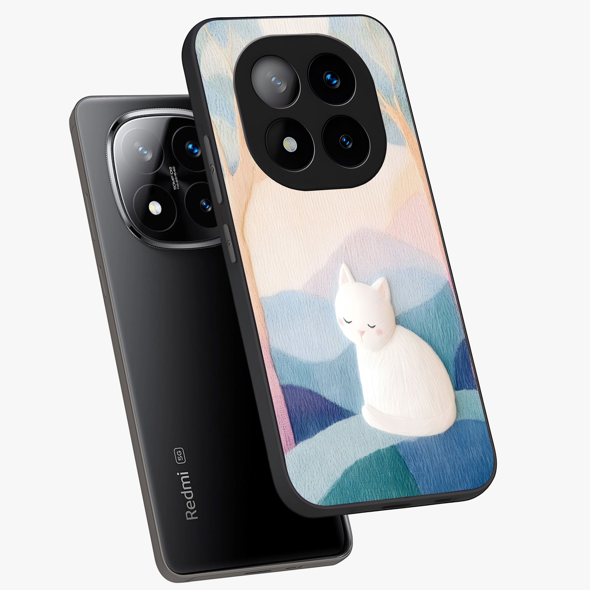 Cotton Dream Cat Glass Case displayed in angled mockup highlighting cute feline illustration with pastel aesthetic style.