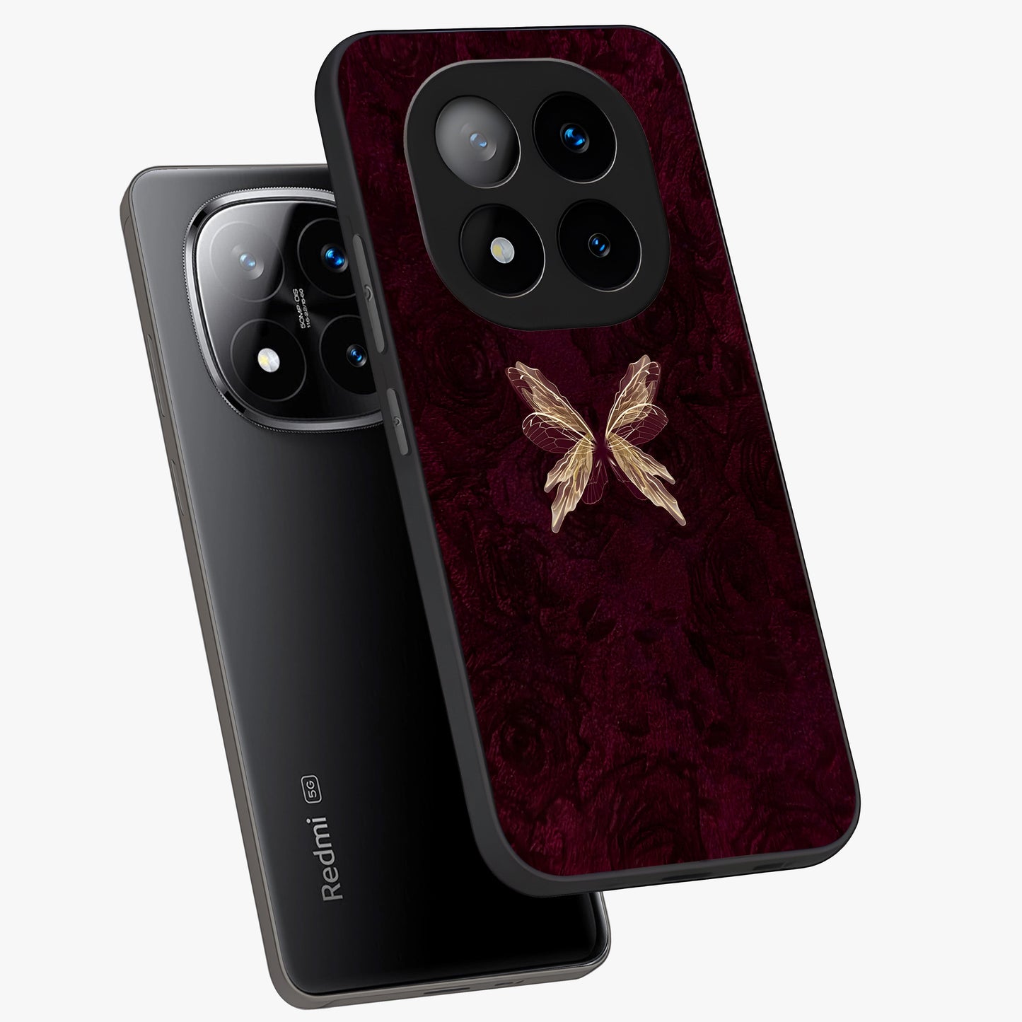 Crimson Fade Butterfly Glass Case displayed in angled mockup highlighting elegant butterfly design with crimson gradient aesthetic.
