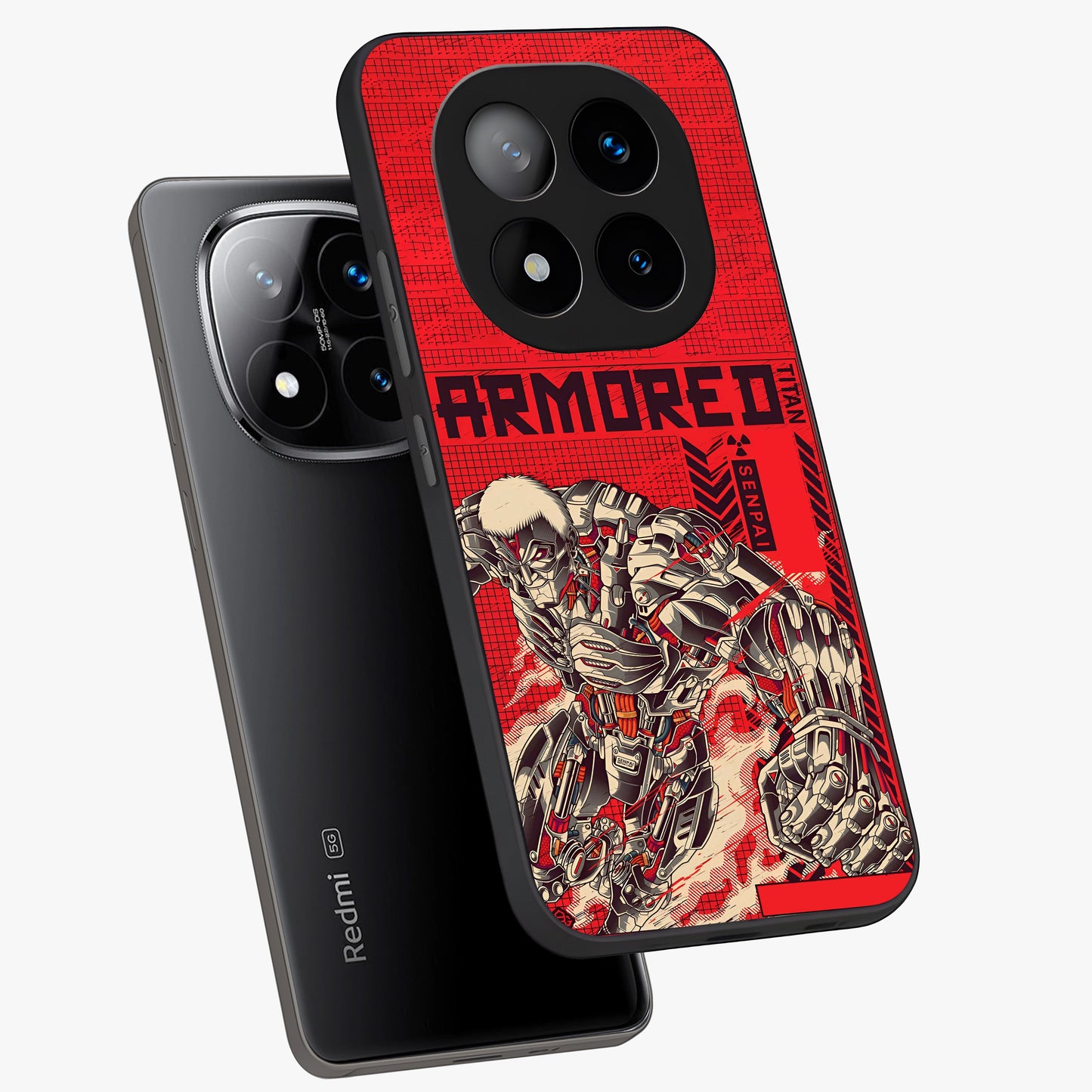 Crimson Mecha Titan Glass Case displayed in angled mockup highlighting futuristic mech illustration with bold crimson aesthetic.