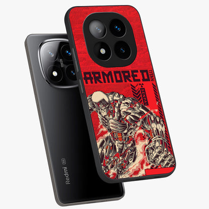 Crimson Mecha Titan Glass Case displayed in angled mockup highlighting futuristic mech illustration with bold crimson aesthetic.