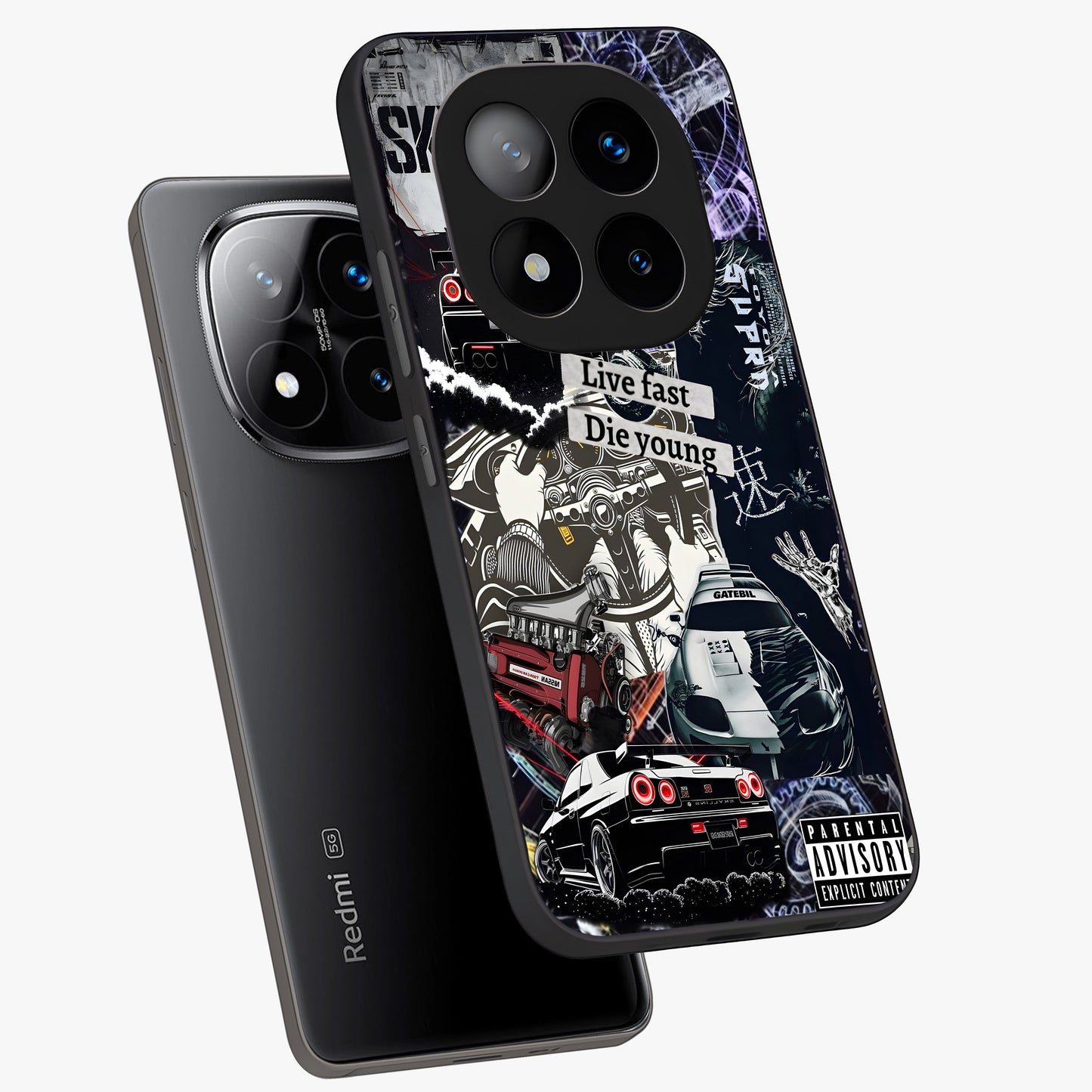 Die Young Glass Case displayed in angled mockup highlighting expressive graphic artwork with edgy aesthetic style.