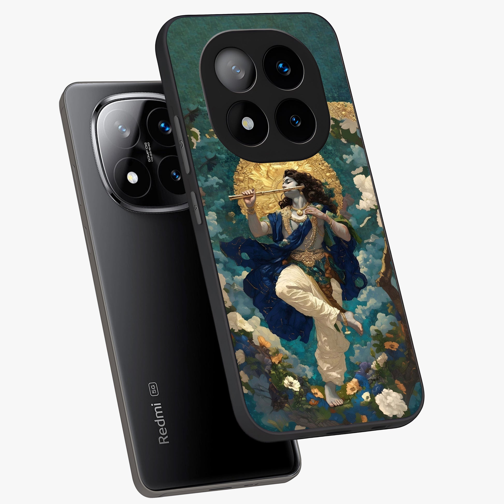 Divine Krishna Art Glass Case displayed in angled mockup highlighting spiritual Krishna illustration with devotional aesthetic.