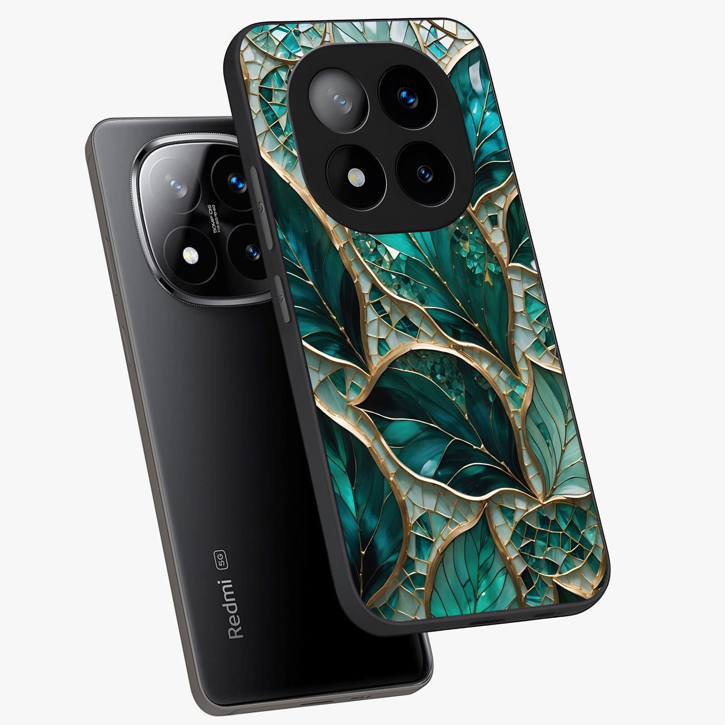Emerald Leaf Glass Glass Case displayed in angled mockup highlighting botanical leaf illustration with elegant natural aesthetic.