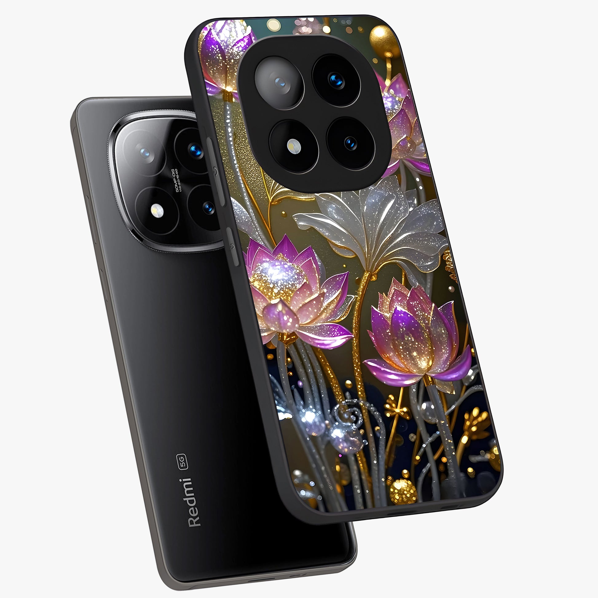 Golden Floral Majesty Glass Case displayed in angled mockup highlighting elegant flower design with royal golden aesthetic.