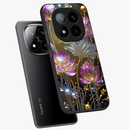 Golden Floral Majesty Glass Case displayed in angled mockup highlighting elegant flower design with royal golden aesthetic.