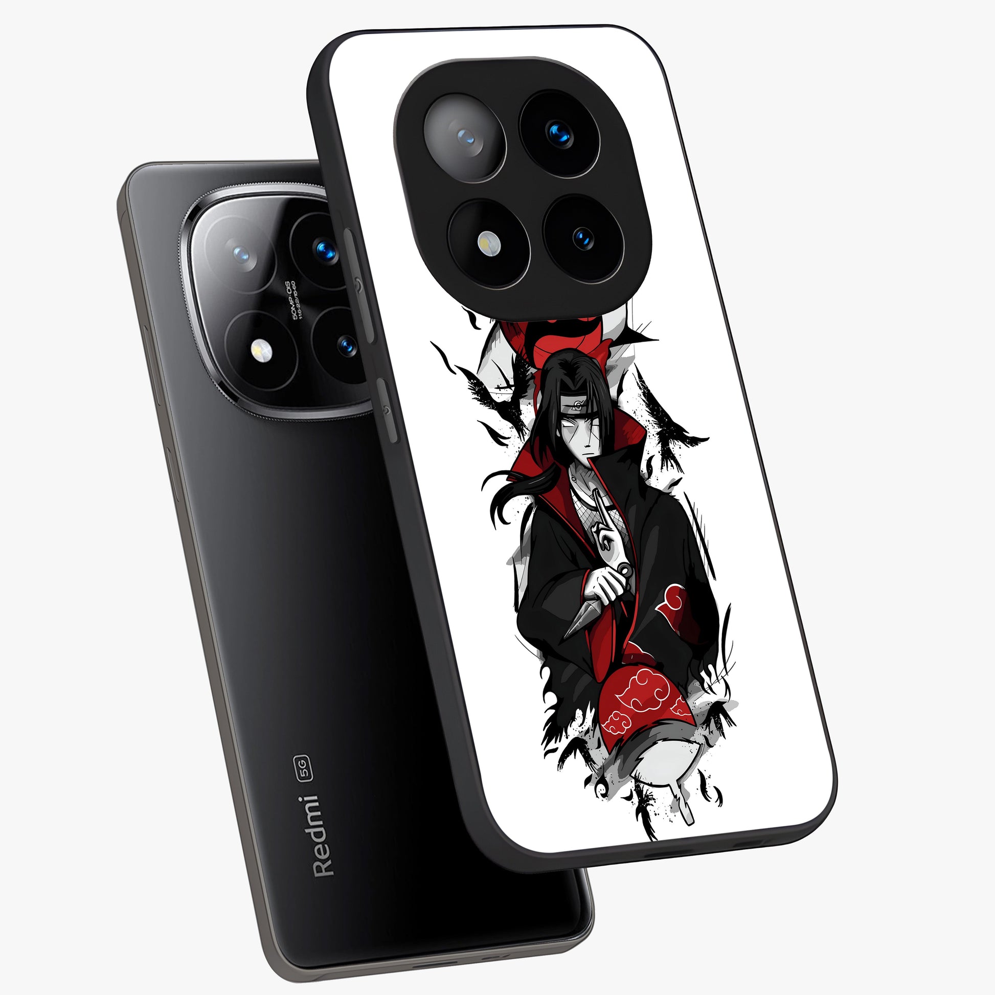Itachi Limited Edition Naruto Anime Glass Case displayed in angled mockup highlighting dramatic anime illustration with bold action aesthetic.