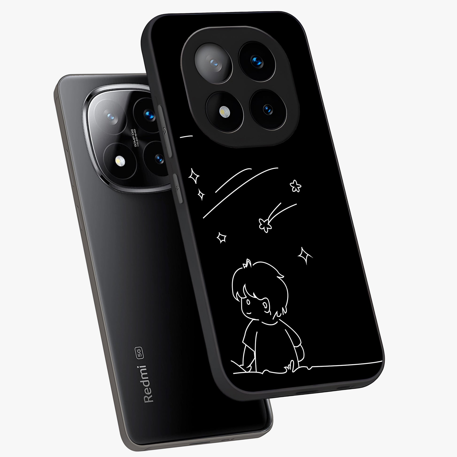 Line Art Boy With Shooting Stars Glass Case displayed in angled mockup highlighting elegant line art design with dreamy star aesthetic.