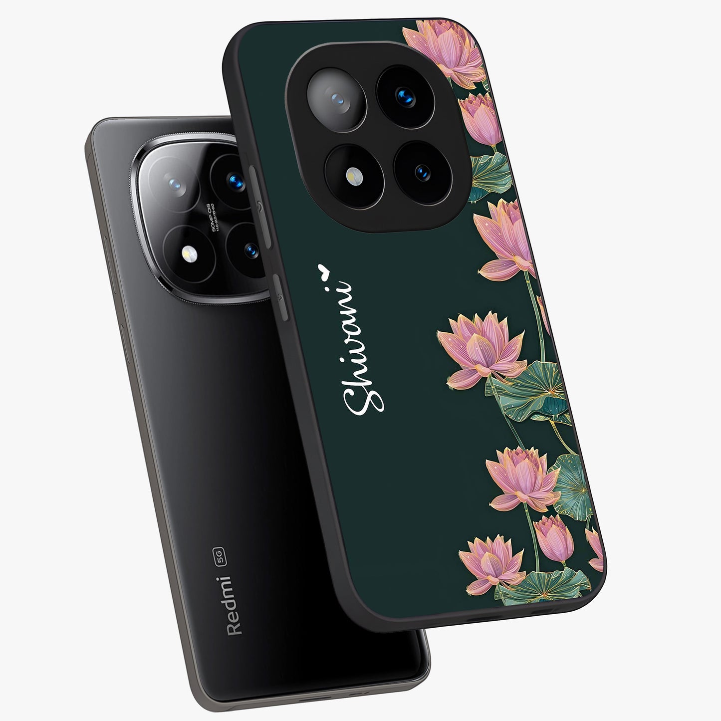 Lotus Bloom Serenity Custom Name Glass Case displayed in angled mockup highlighting graceful lotus illustration with custom name feature.