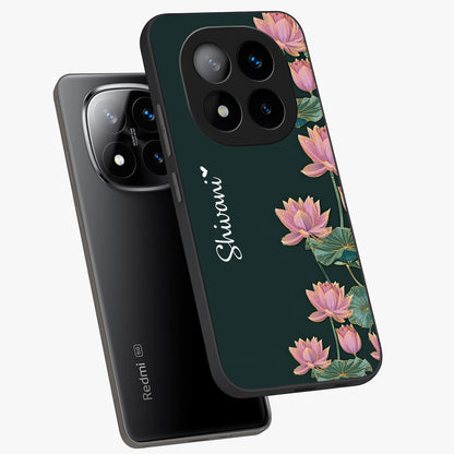 Lotus Bloom Serenity Custom Name Glass Case displayed in angled mockup highlighting graceful lotus illustration with custom name feature.