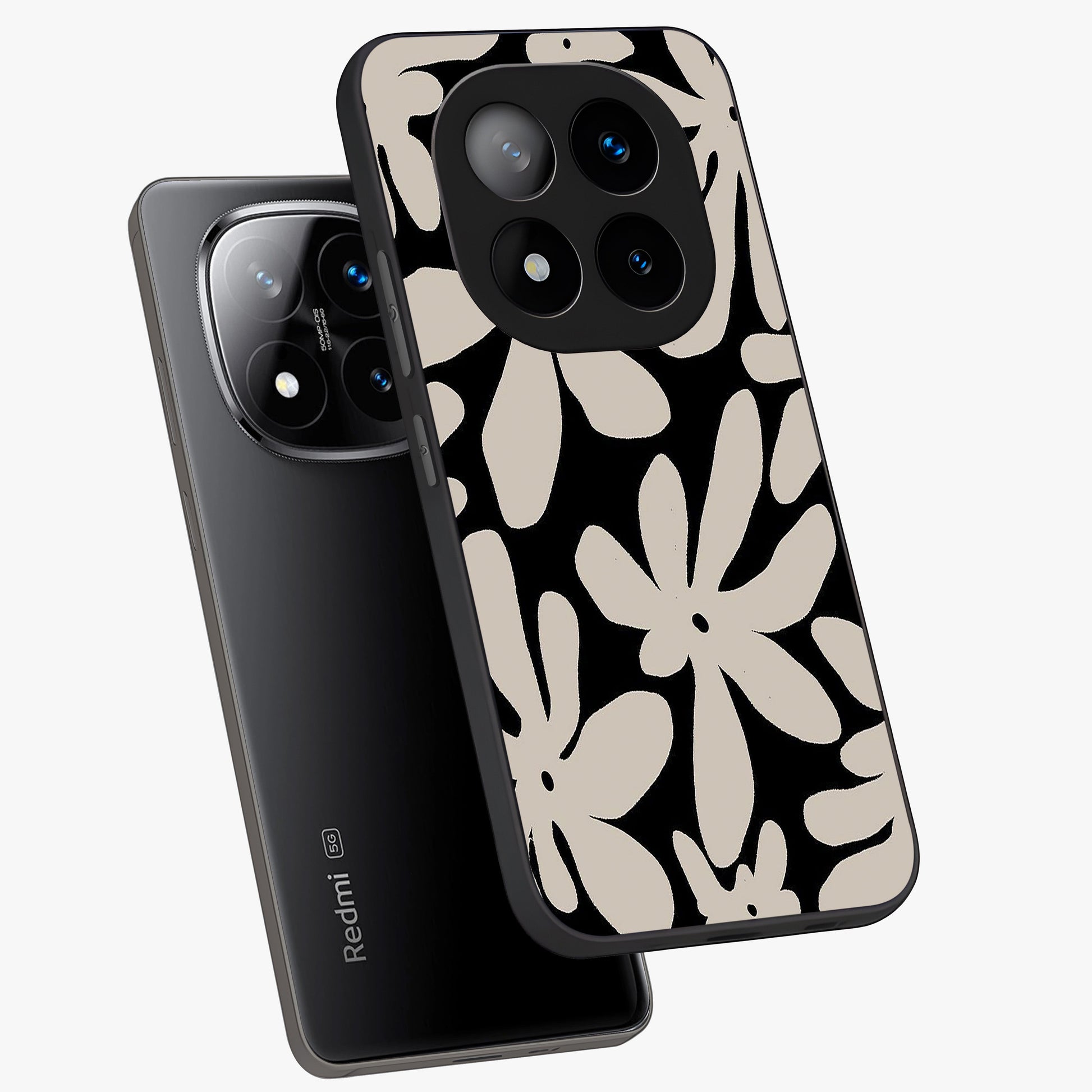 Monochrome Petal Dance Glass Case displayed in angled mockup highlighting elegant petal design with black and white aesthetic.