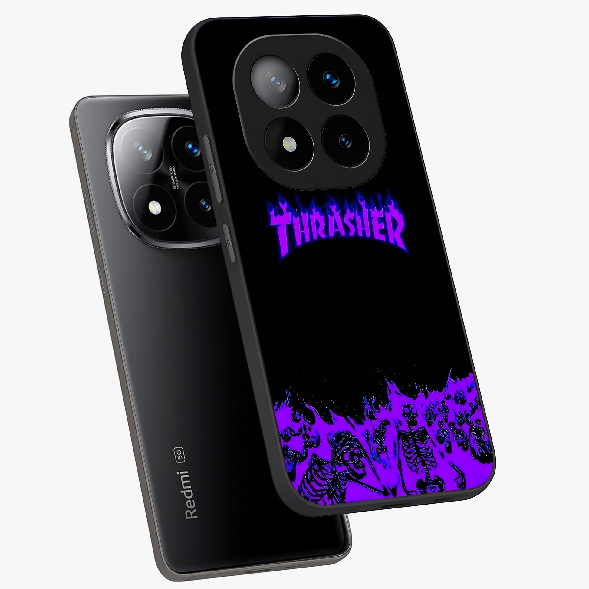 Neon Flame Riot Glass Case displayed in angled mockup highlighting glowing flame design with vibrant neon aesthetic.